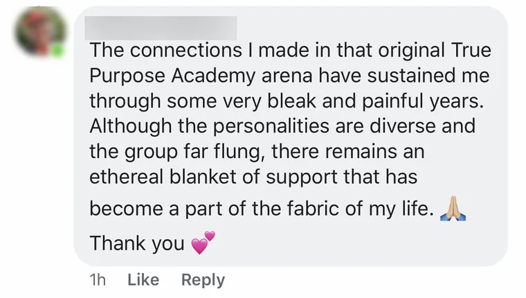 Facebook comment from a longtime community member, name blurred for privacy, about support that has sustained her through very bleak and painful years.